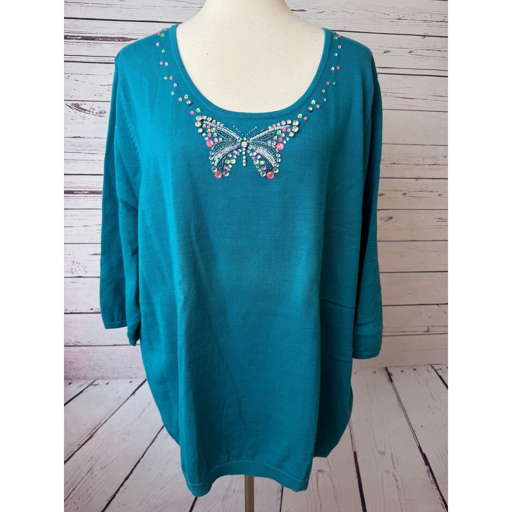 Quacker Factory Butterfly Knit Sweater ReAd Teal Sequins Rhinestone A202622